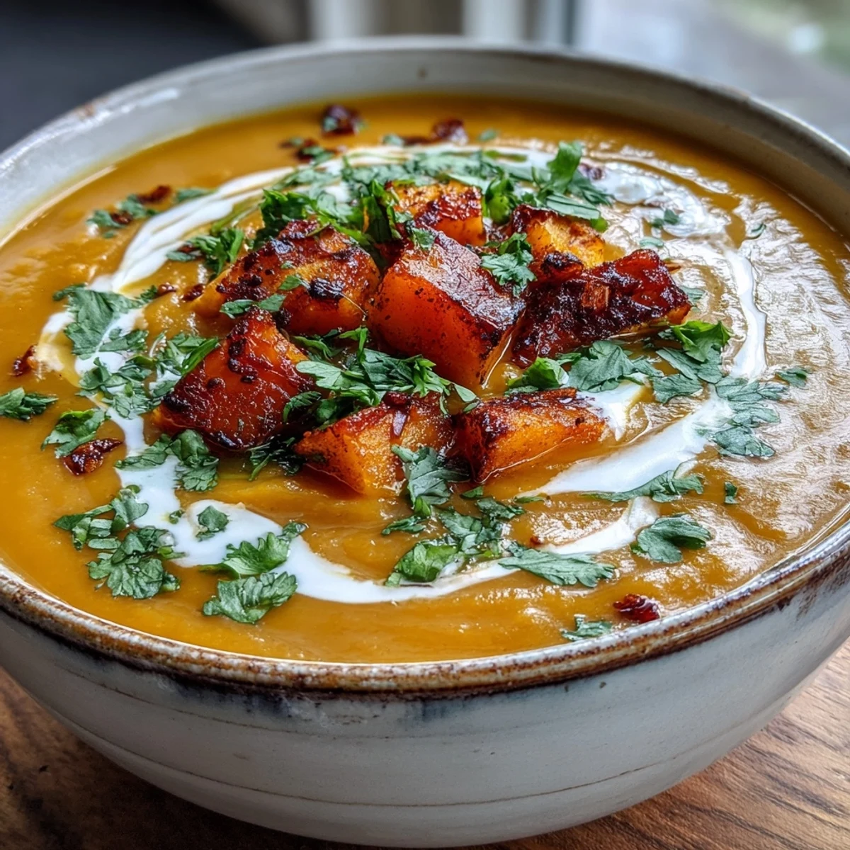 Creamy Butternut Squash and Lentil Soup in a rustic bowl, garnished with cilantro and a coconut swirl, ready for chilly days.