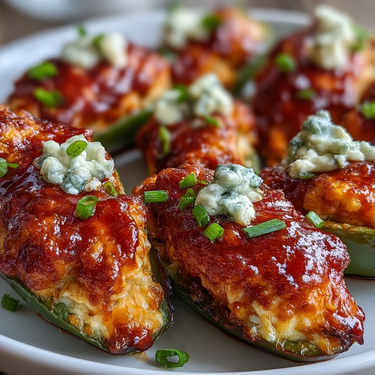 Golden-brown Buffalo Wing Poppers on a rustic platter, bubbling and drizzled with extra buffalo sauce and blue cheese crumbles.