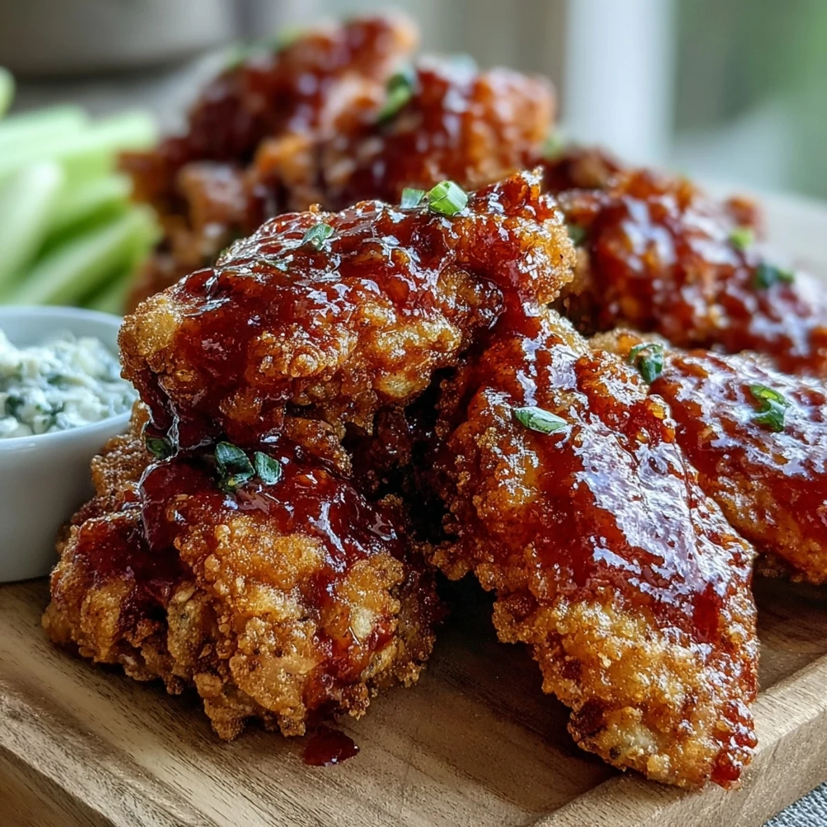 Golden-brown Fried Chicken Wings coated in seasoned flour, served with celery sticks and a creamy blue cheese dip.