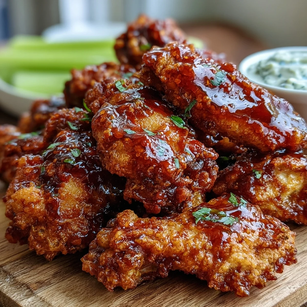 Freshly fried Fried Chicken Wings tossed in spicy Buffalo sauce, garnished with sliced scallions and a side of ranch dressing.
