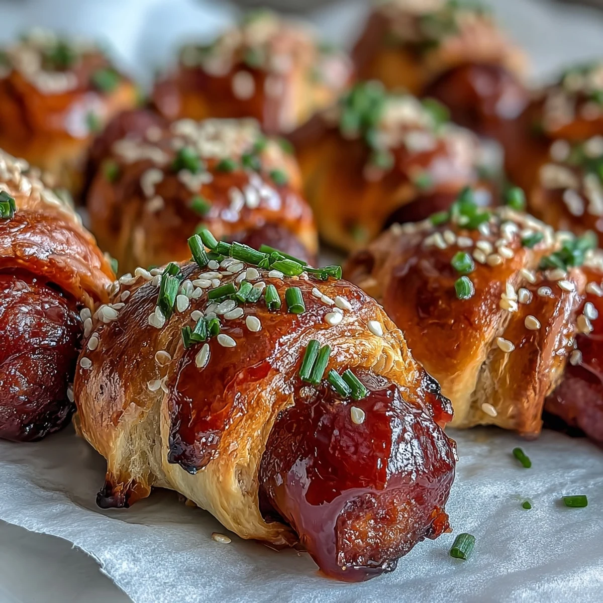 Fresh chives and sesame seeds garnish these warm Pepper Jelly Hogs in a Blanket, perfect for a party appetizer platter with dipping sauces.  