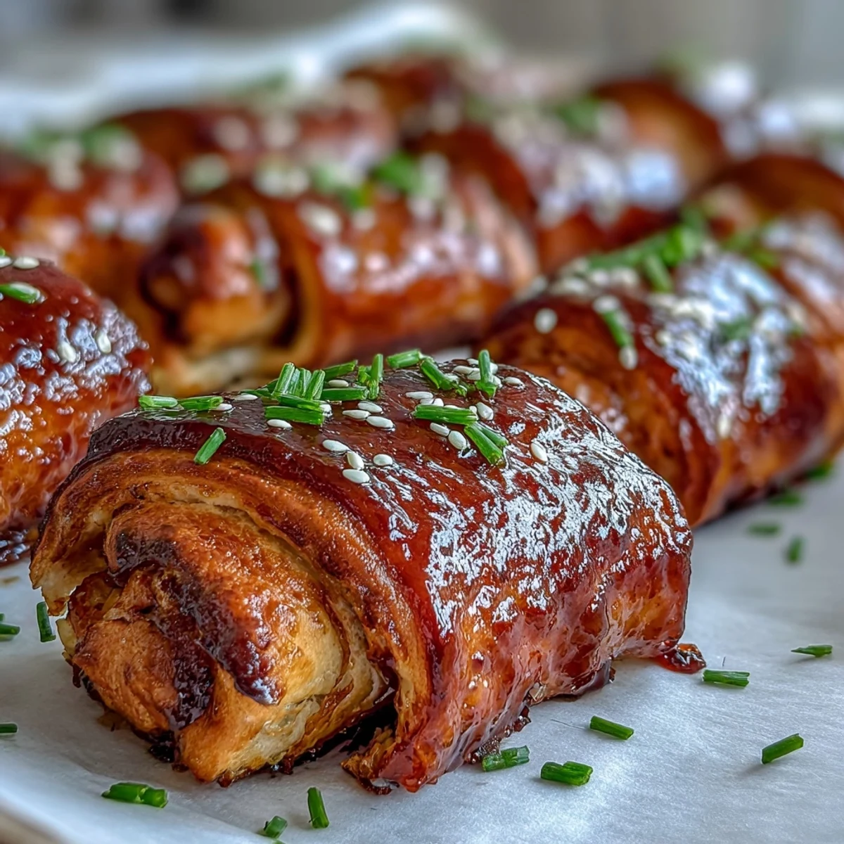 A close-up of Pepper Jelly Hogs in a Blanket reveals the juicy cocktail sausage wrapped in crisp pastry, steam rising from the golden crust.