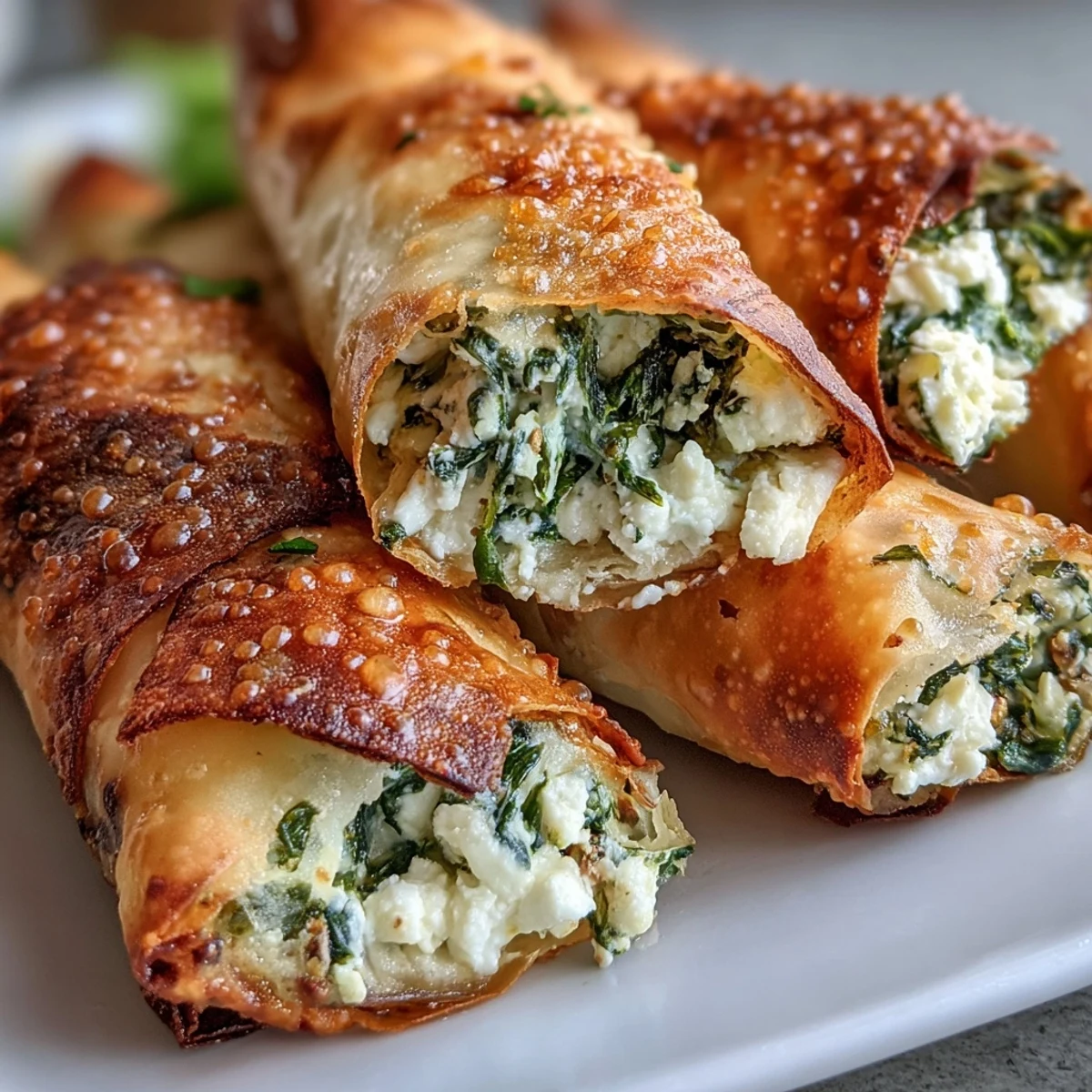 Golden-brown Spanakopita Spring Rolls rest on a wire rack, showing crispy, flaky wrappers and a hint of vibrant green spinach filling peeking through.  