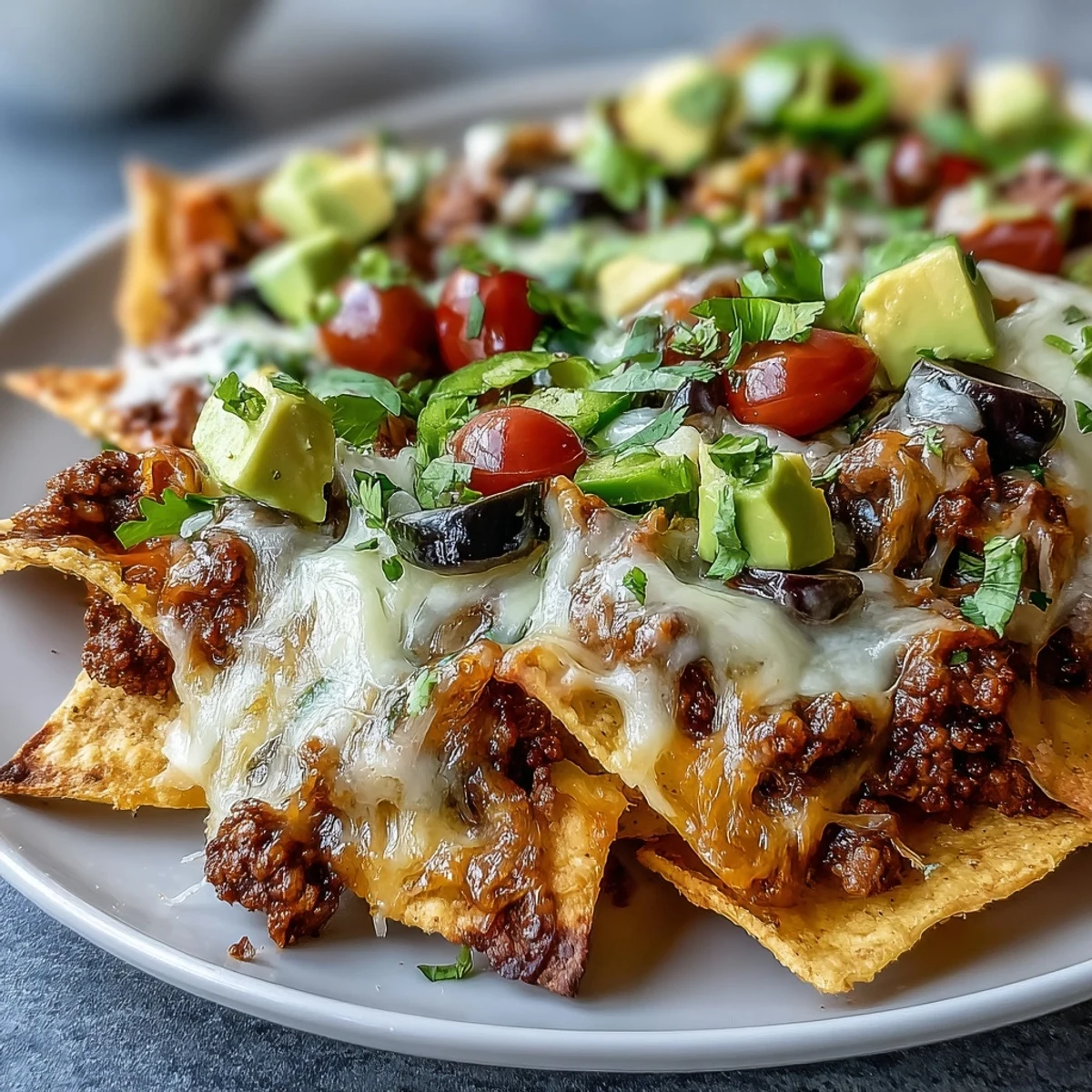 Golden, melted cheese covers baked nachos with seasoned beef, olives, jalapeños, and fresh cilantro on a platter.