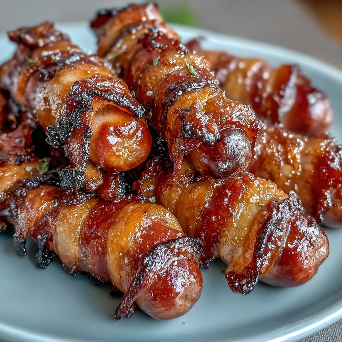 Golden brown Bacon-Wrapped Smokies glazed with caramelized brown sugar on a rustic wooden board. 