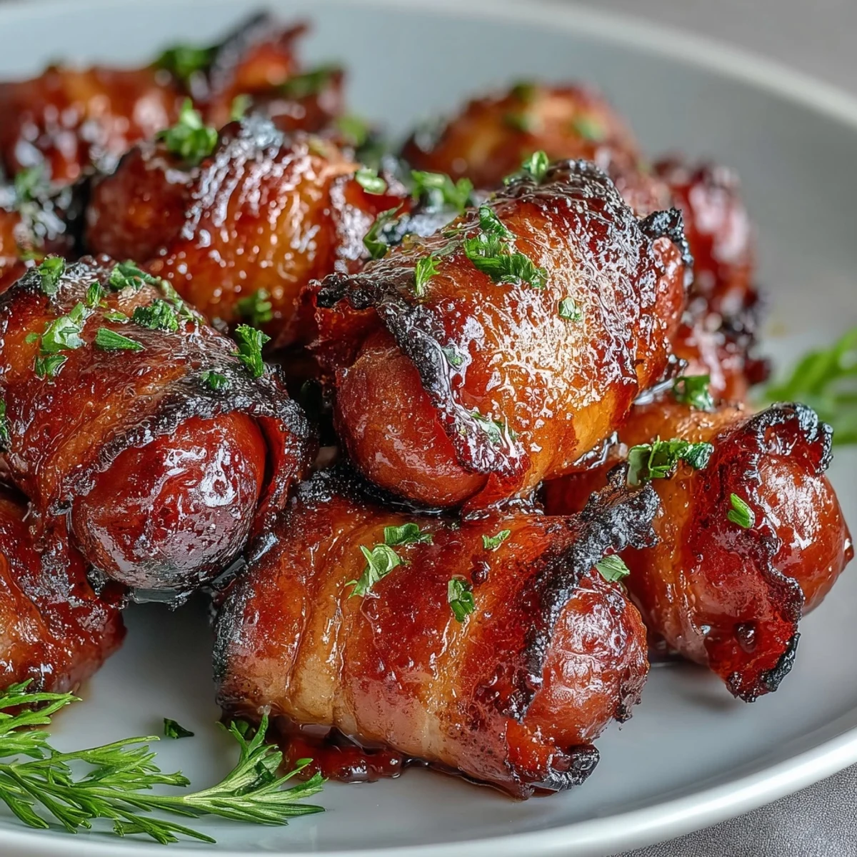 Freshly baked Bacon-Wrapped Smokies sizzling on a baking sheet with a sweet glaze. 