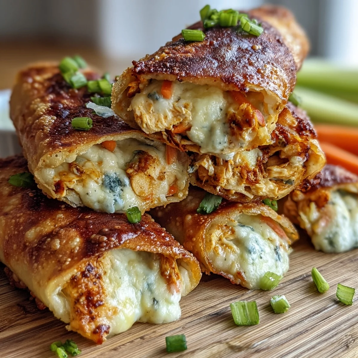 Crispy golden Buffalo Chicken Egg Rolls with melted mozzarella, crunchy celery, and carrots, served with creamy blue cheese dip.