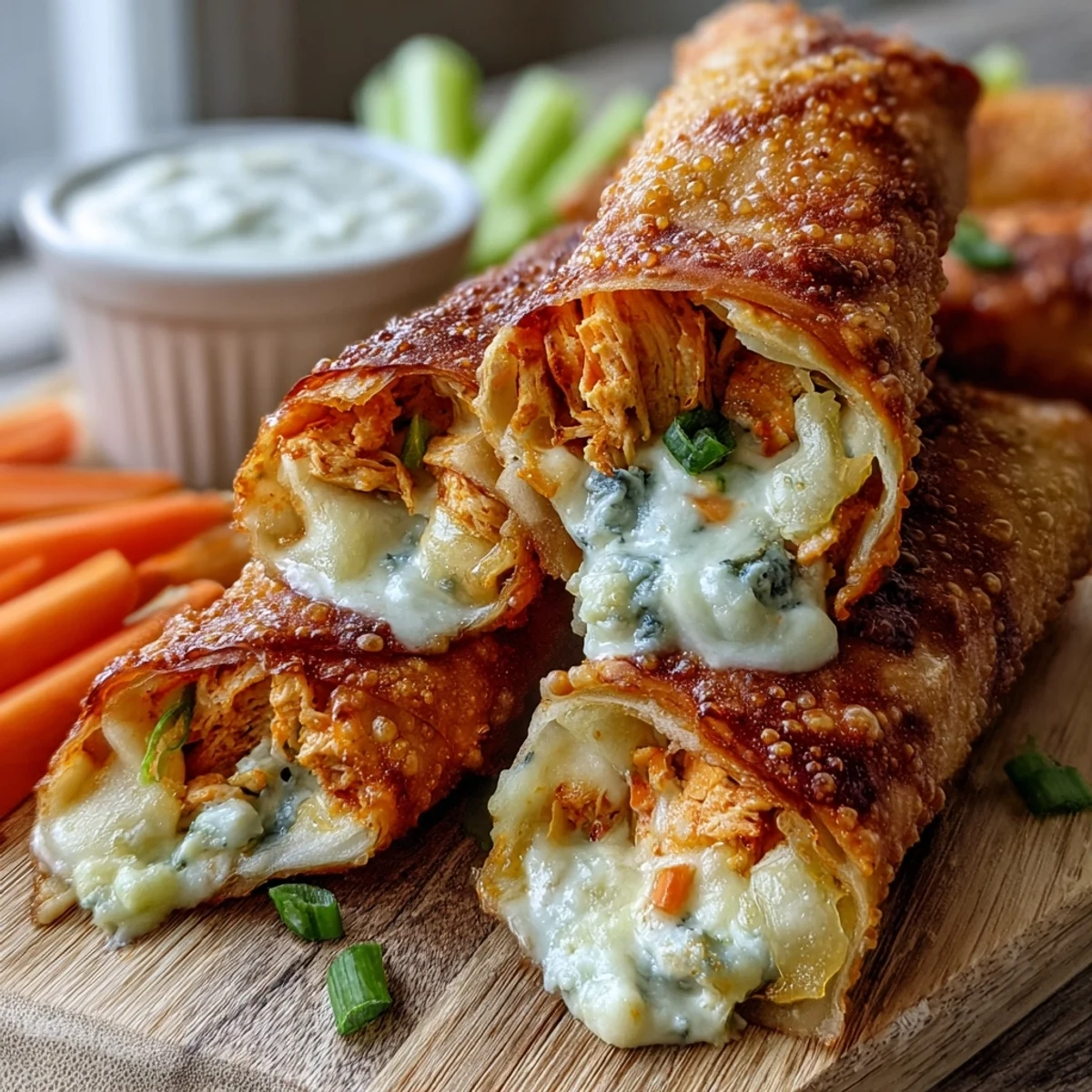 Freshly fried Buffalo Chicken Egg Rolls with shredded carrots, celery, and green onions, served hot alongside ranch dressing.