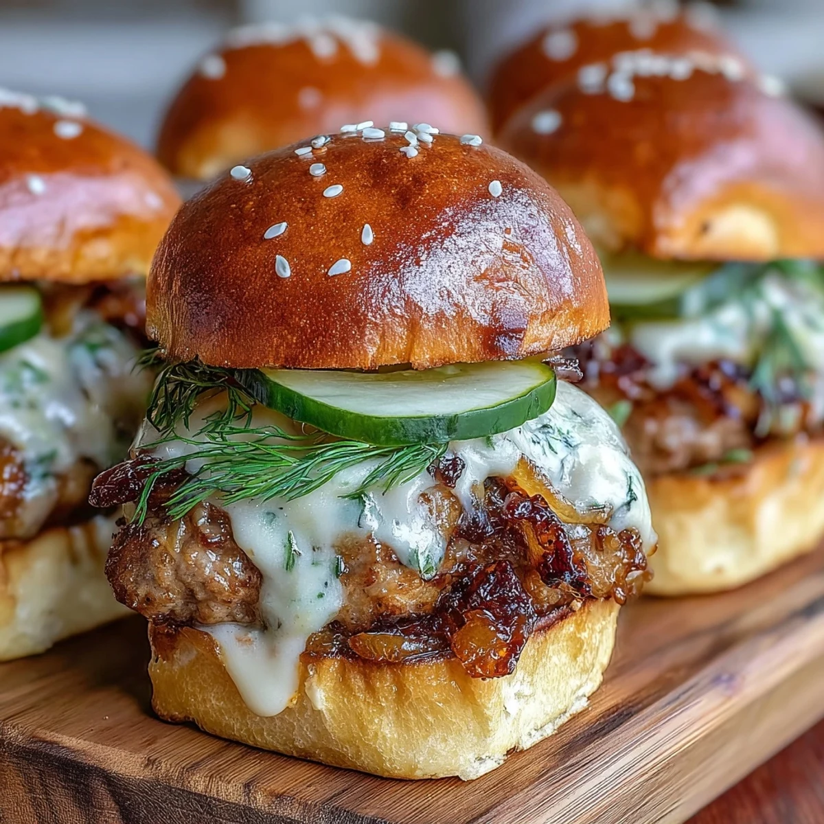 Golden-brown Touchdown Brat Sliders with melted beer cheese sauce and caramelized onions on toasted buns.