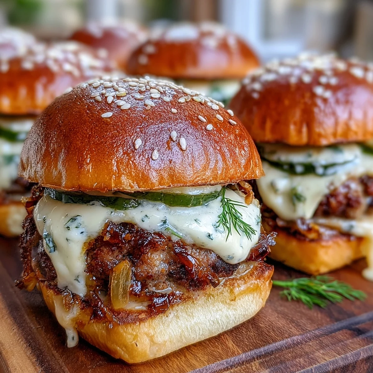 Twelve warm Touchdown Brat Sliders garnished with dill pickles served on a wooden serving board.