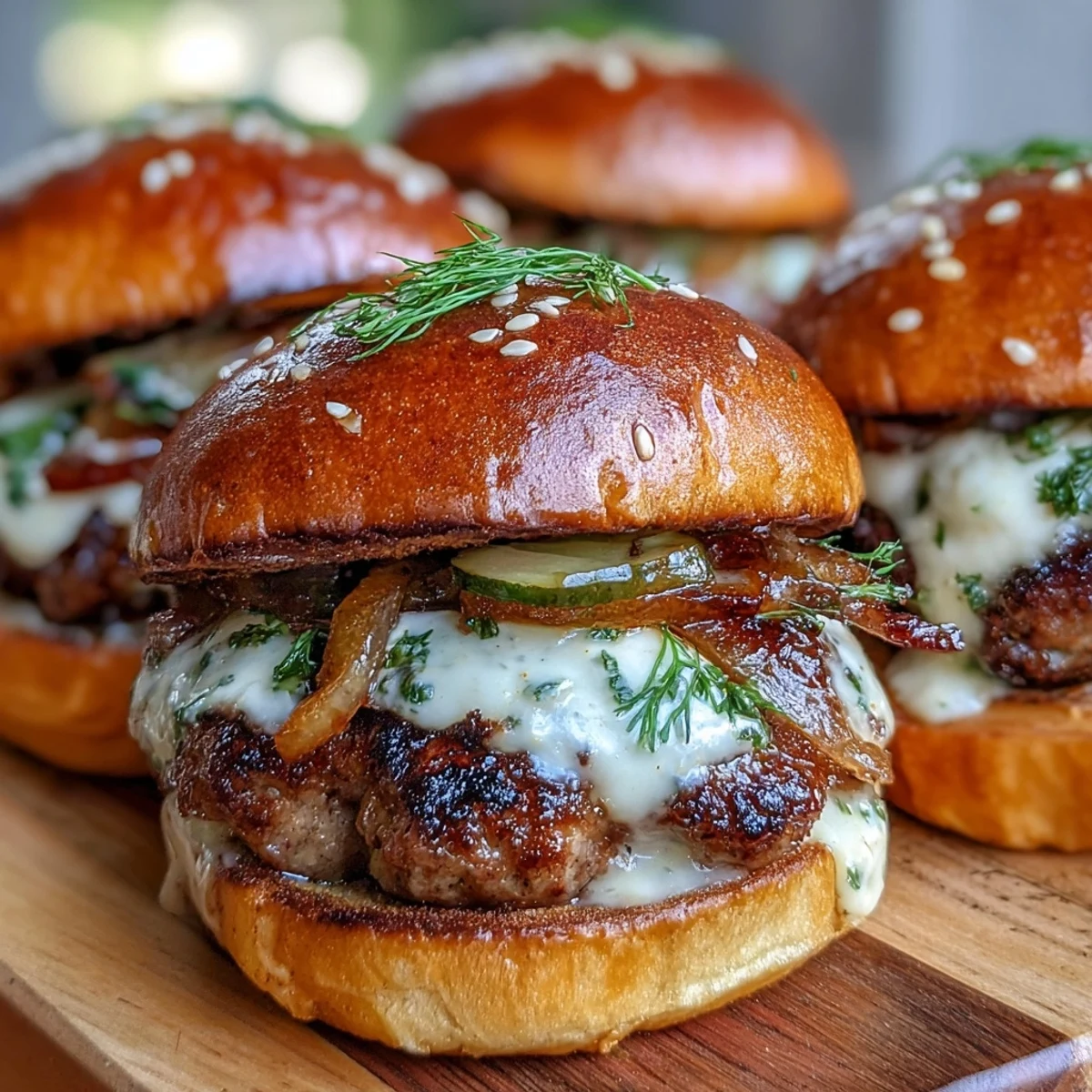 Freshly baked Touchdown Brat Sliders with juicy bratwurst patties, beer cheese, and onions for game day.