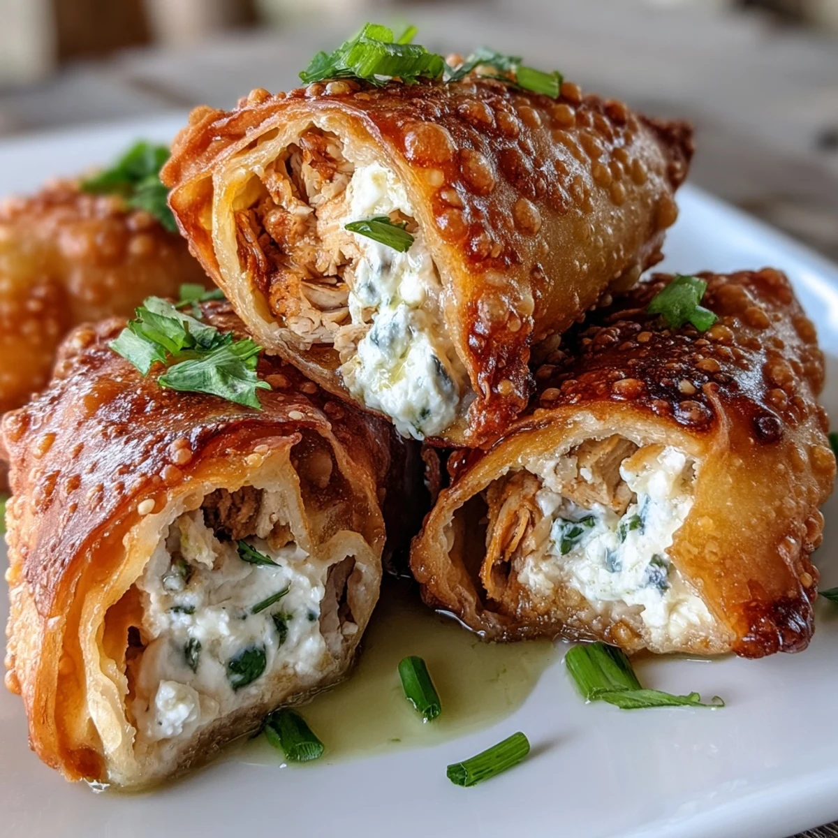 Golden-baked Mini Chicken Chimis with Jalapeño Cream Cheese sit on a white platter, drizzled with vibrant green enchilada sauce.