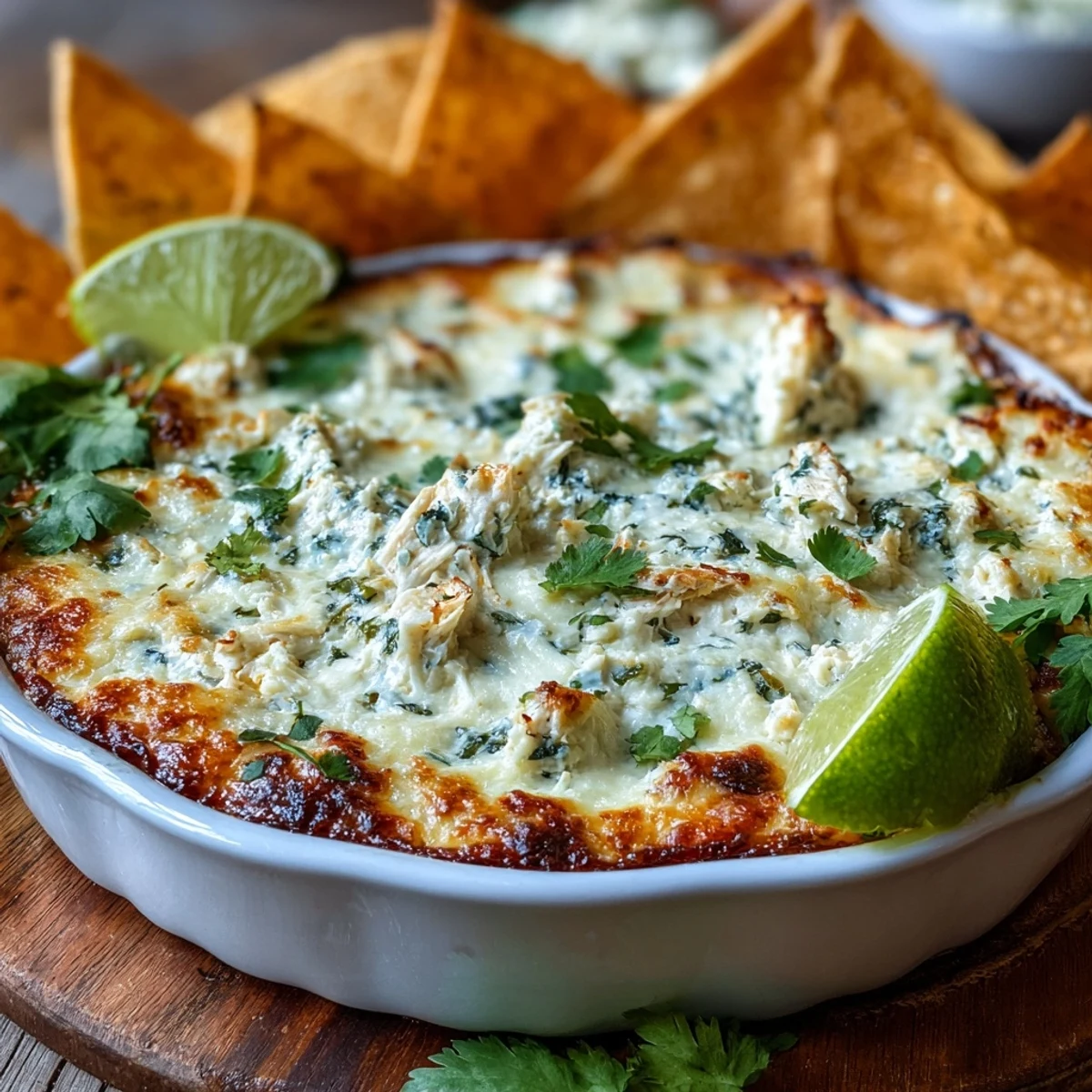 Cilantro and Lime Chicken With Scoops served warm in a dish with colorful tortilla scoops on the side.