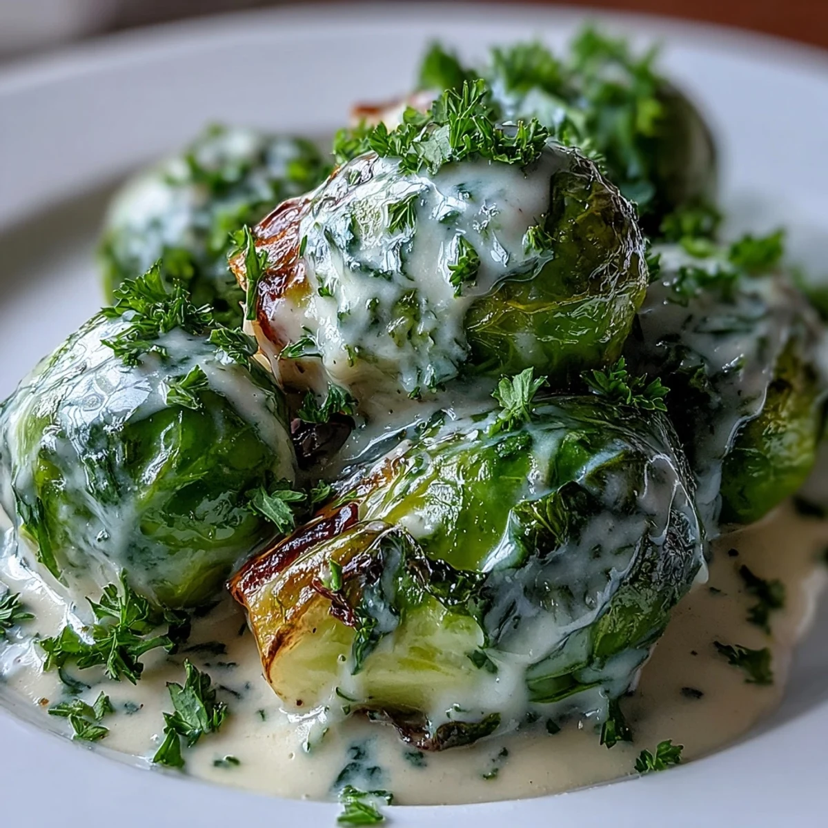 Tender-crisp Brussels sprouts tossed in a creamy Dijon cream cheese sauce with onions and garlic.