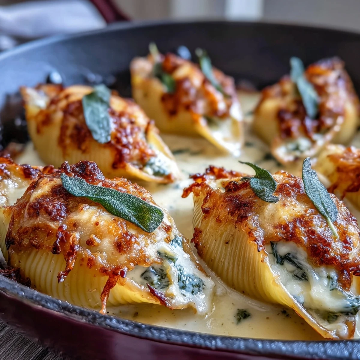 Golden, bubbly Pumpkin & Gouda Stuffed Shells topped with crispy sage leaves in a creamy brown butter Alfredo sauce.