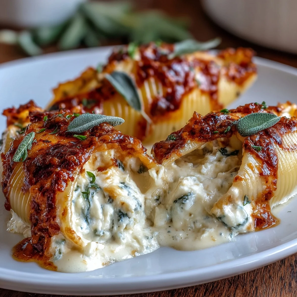 Freshly baked Pumpkin & Gouda Stuffed Shells served warm in a white dish with a rustic wooden spoon nearby.
