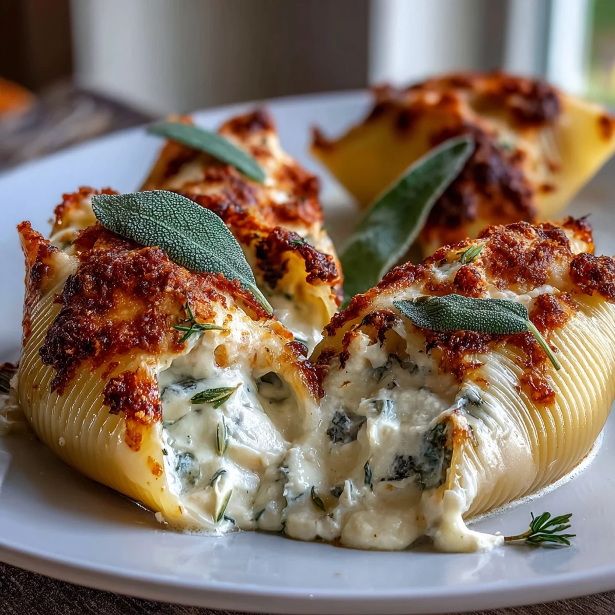Rich Pumpkin & Gouda Stuffed Shells with golden cheese, ready to serve for a cozy Italian-American dinner.