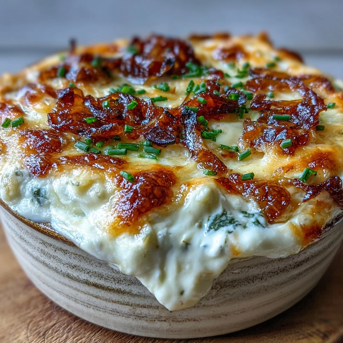Warm, bubbly smoked Gouda and onion dip is baked golden and garnished with fresh chives, served with crisp tortilla chips.
