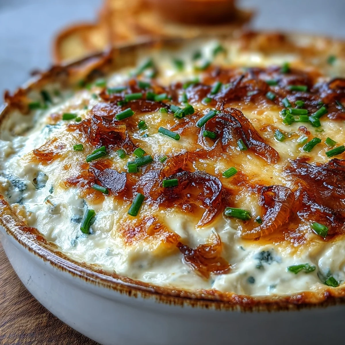 Golden, gooey smoked Gouda and onion dip, hot from the oven, topped with chives and scooped with a sturdy tortilla chip.