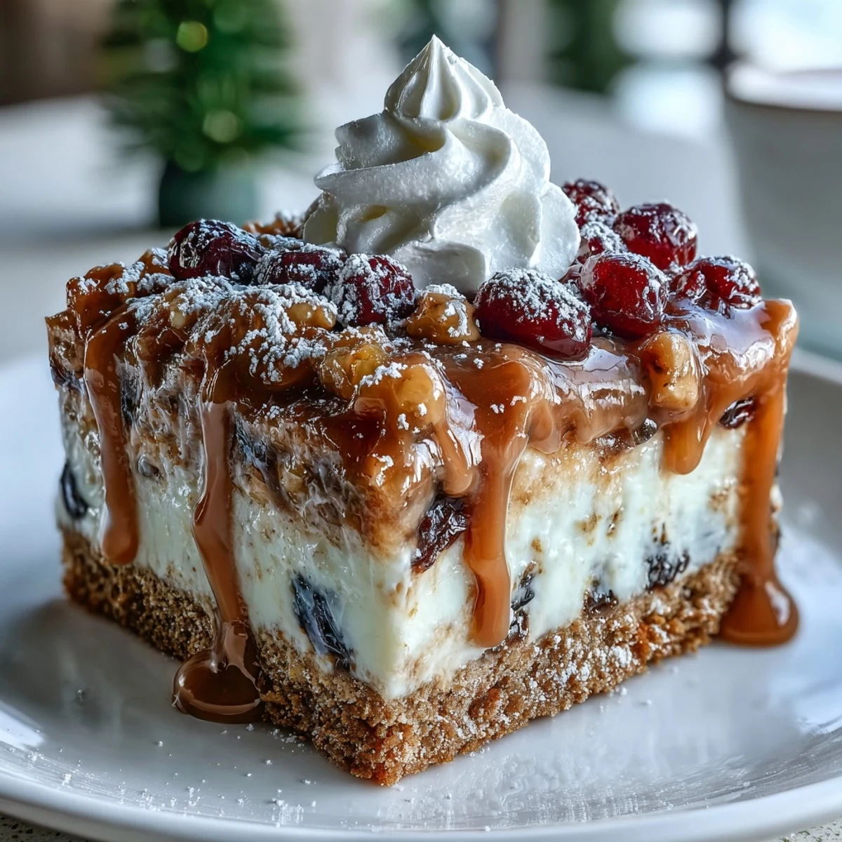 A close-up slice of Christmas Cheesecake Slab revealing a crunchy biscuit base and velvety cream cheese filling.