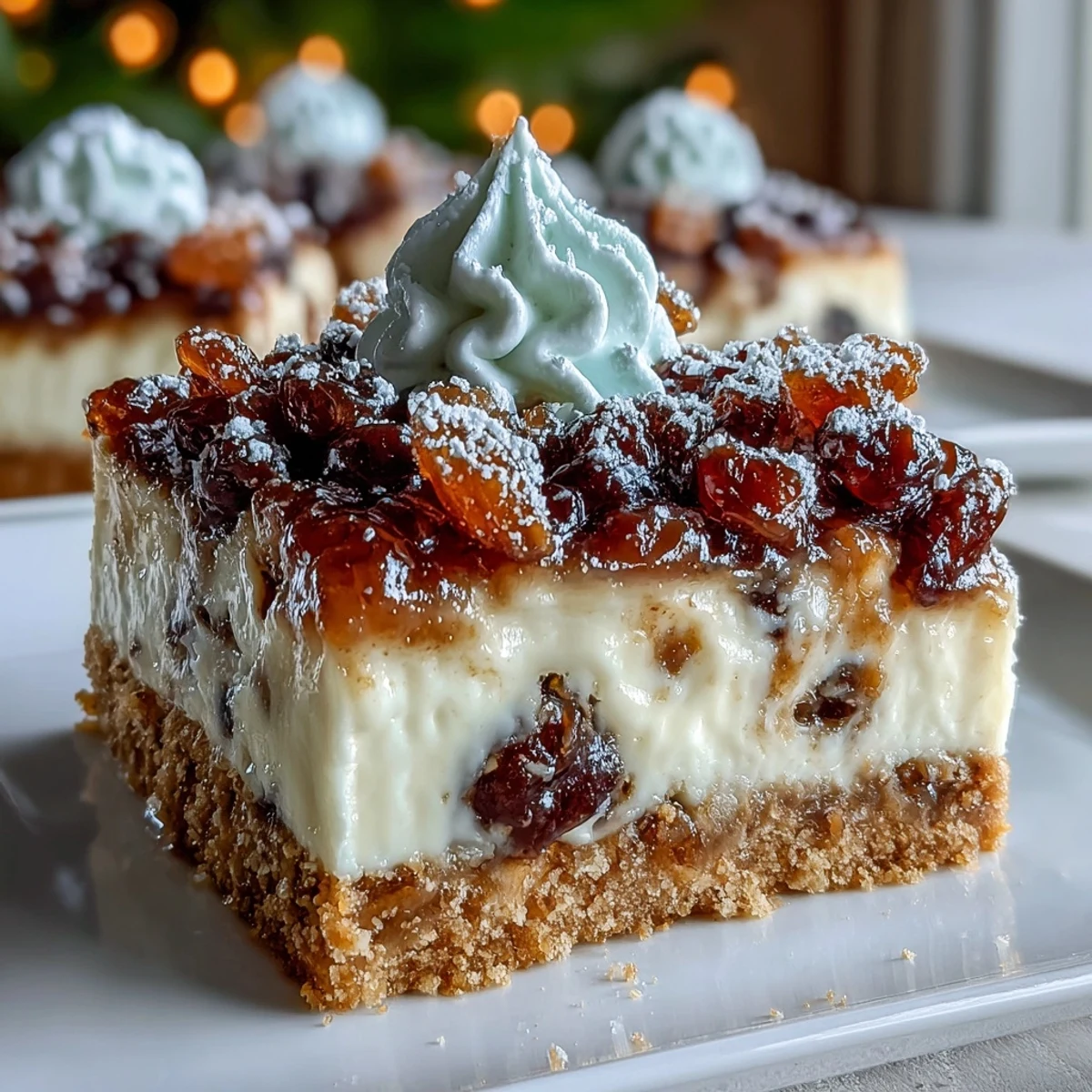 Creamy Christmas Cheesecake Slab with spiced cinnamon swirls and dried fruit, served with a warm cup of coffee.