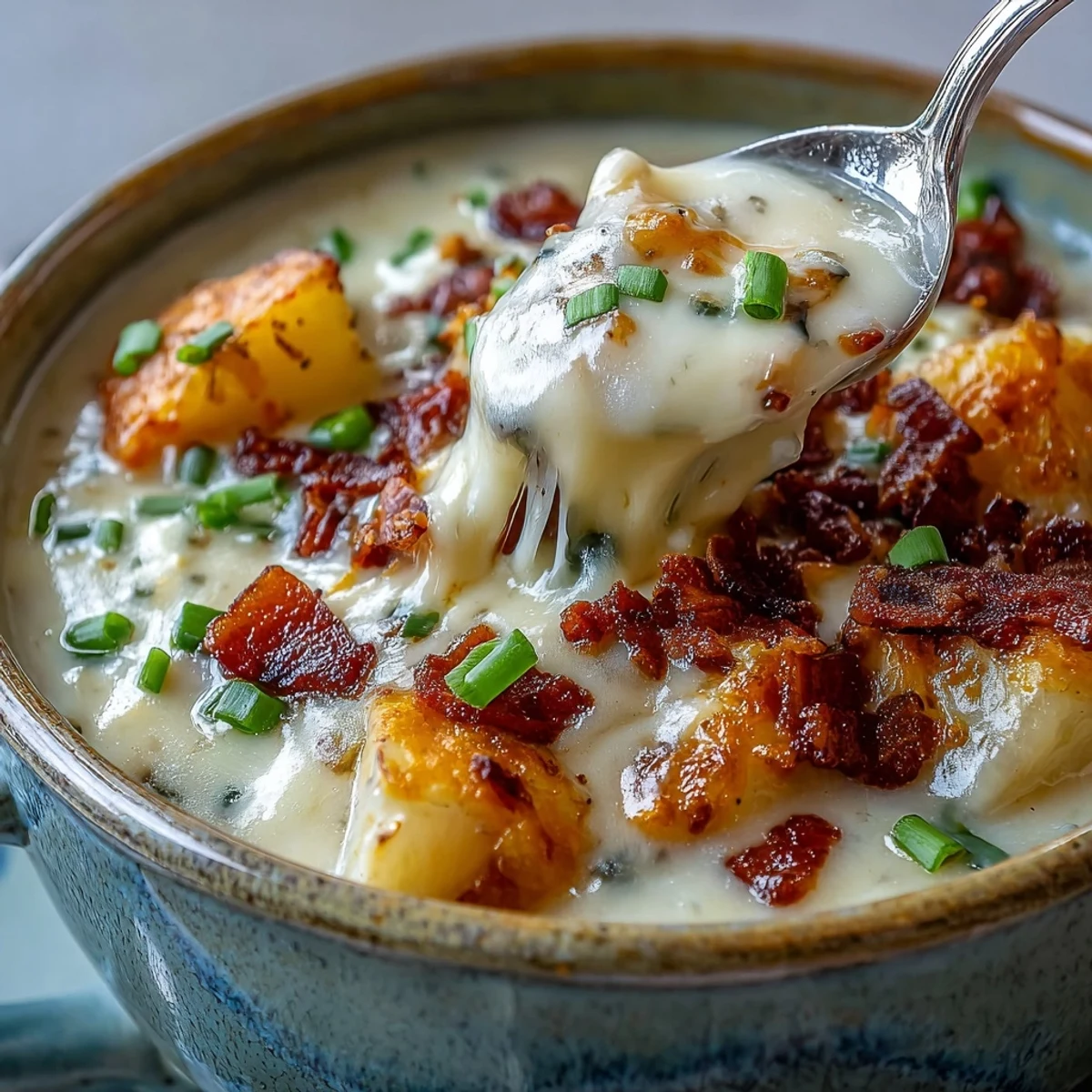 Creamy Loaded Potato Soup garnished with crispy bacon, shredded cheddar, and fresh green onions in a rustic bowl.