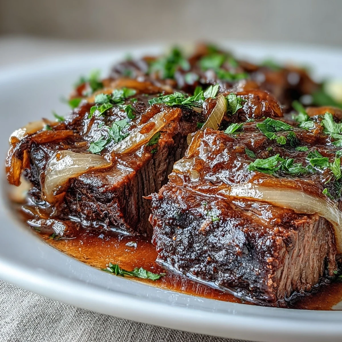 Golden-brown beef chuck roast simmering slowly with caramelized onions, mushrooms, and fresh thyme in a black crock pot.  