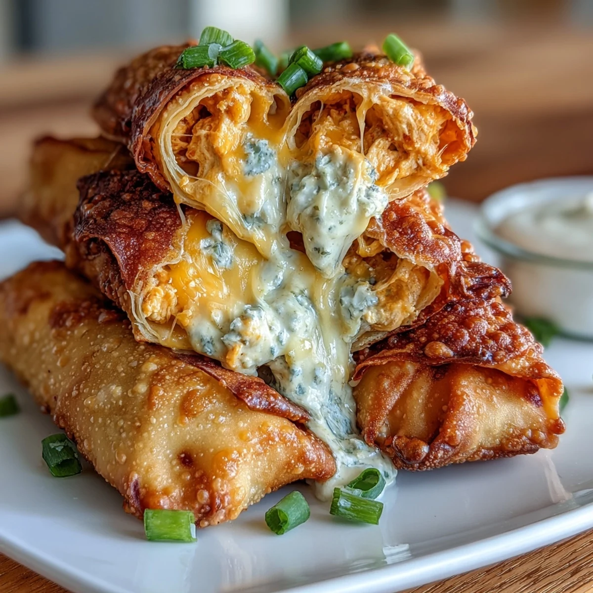 Golden-brown Buffalo Chicken Dip Egg Rolls are fried to a crisp, revealing melty cheddar and creamy, spicy chicken filling inside.