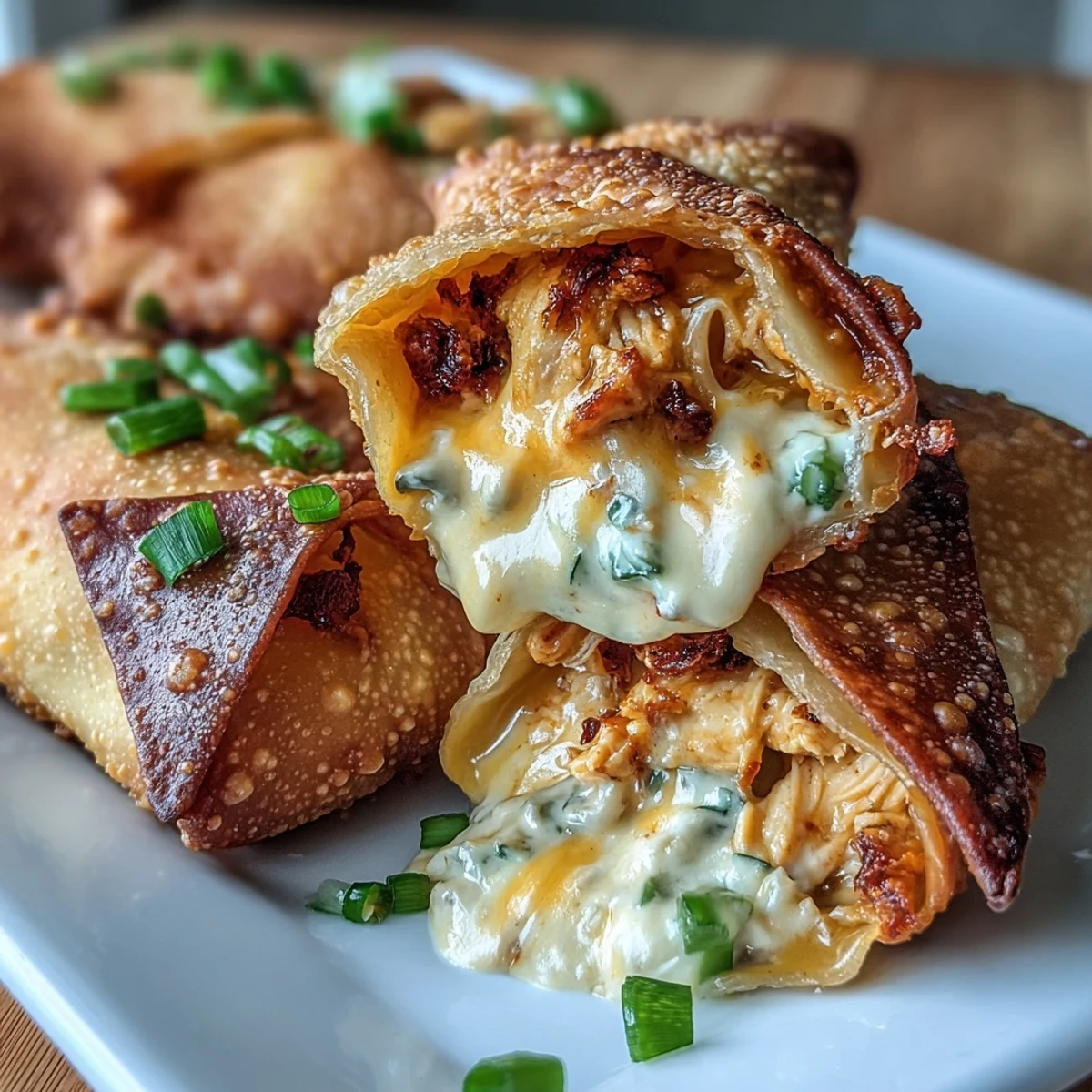Freshly made Buffalo Chicken Dip Egg Rolls are stacked on a plate, garnished with chopped green onions and a drizzle of buffalo sauce.