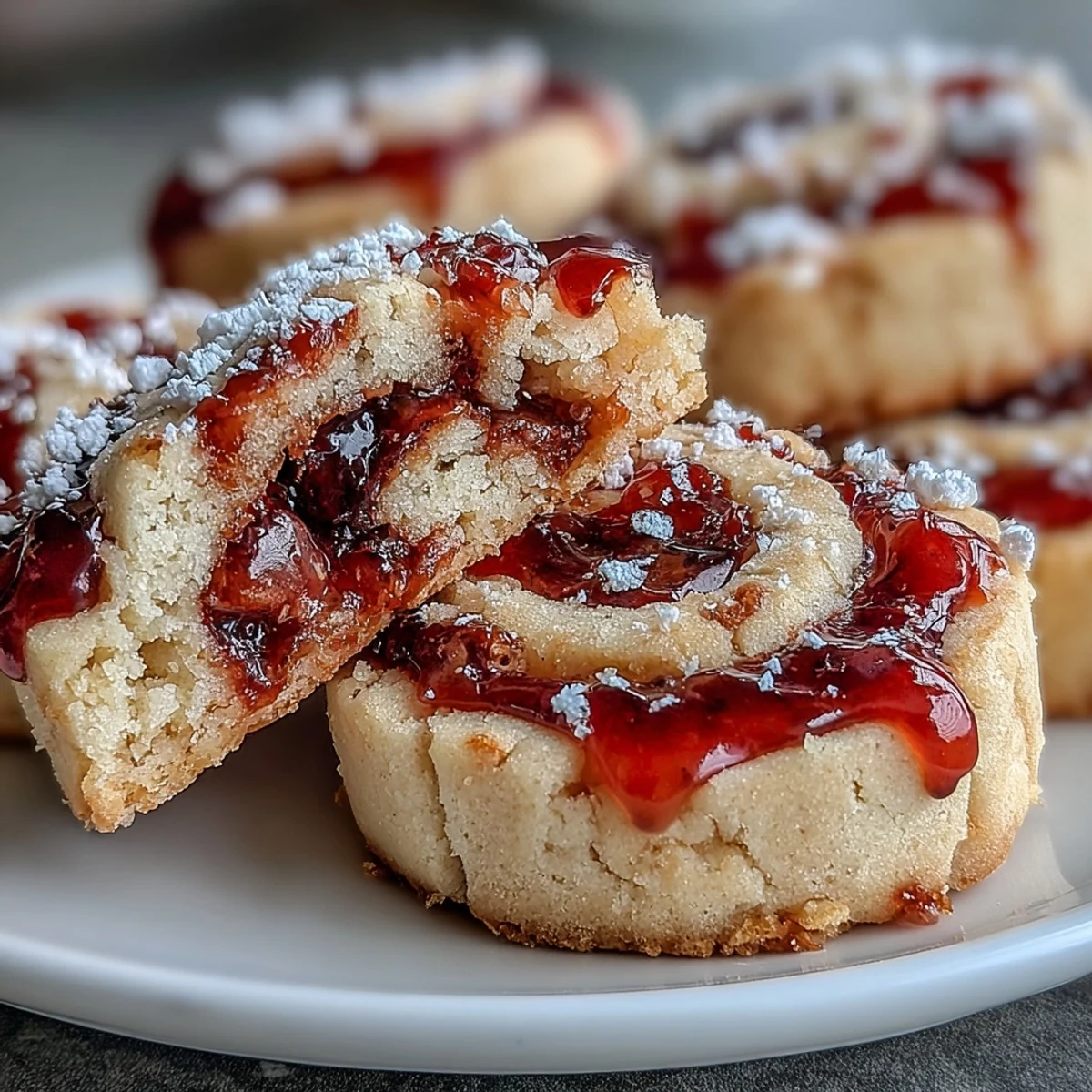 Freshly baked Raspberry Swirl Shortbread Cookies with golden edges and a vibrant, tangy raspberry jam center, perfect for teatime.