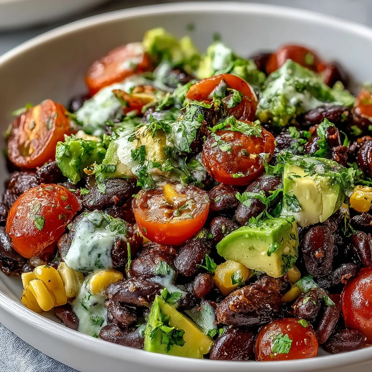 Close-up of a nourishing Black Bean and Veggie Bowl featuring sweet corn, juicy tomatoes, and crunchy pumpkin seeds.