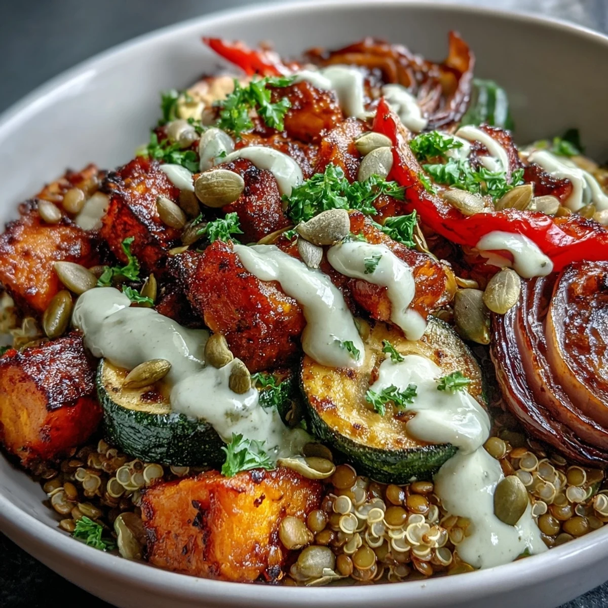 Lentil Power Bowl with fluffy quinoa, caramelized roasted vegetables, and creamy tahini drizzle for a wholesome weeknight meal.