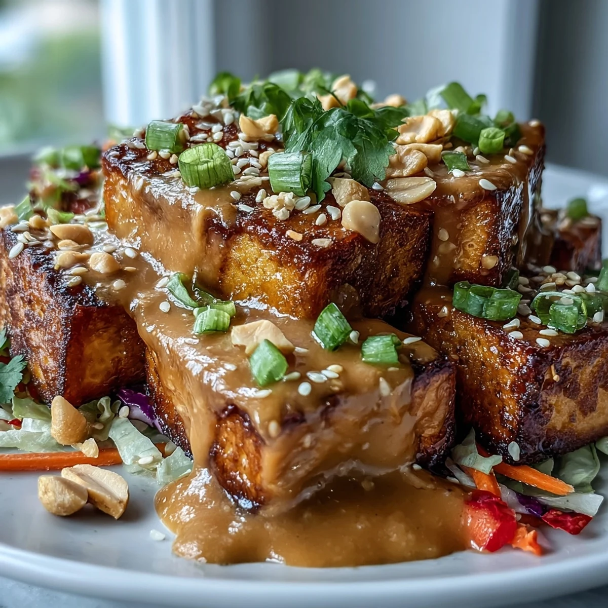 A close-up of the Peanut Tofu Power Bowl shows golden baked tofu, fluffy brown rice, and crunchy purple cabbage drizzled with rich peanut sauce.