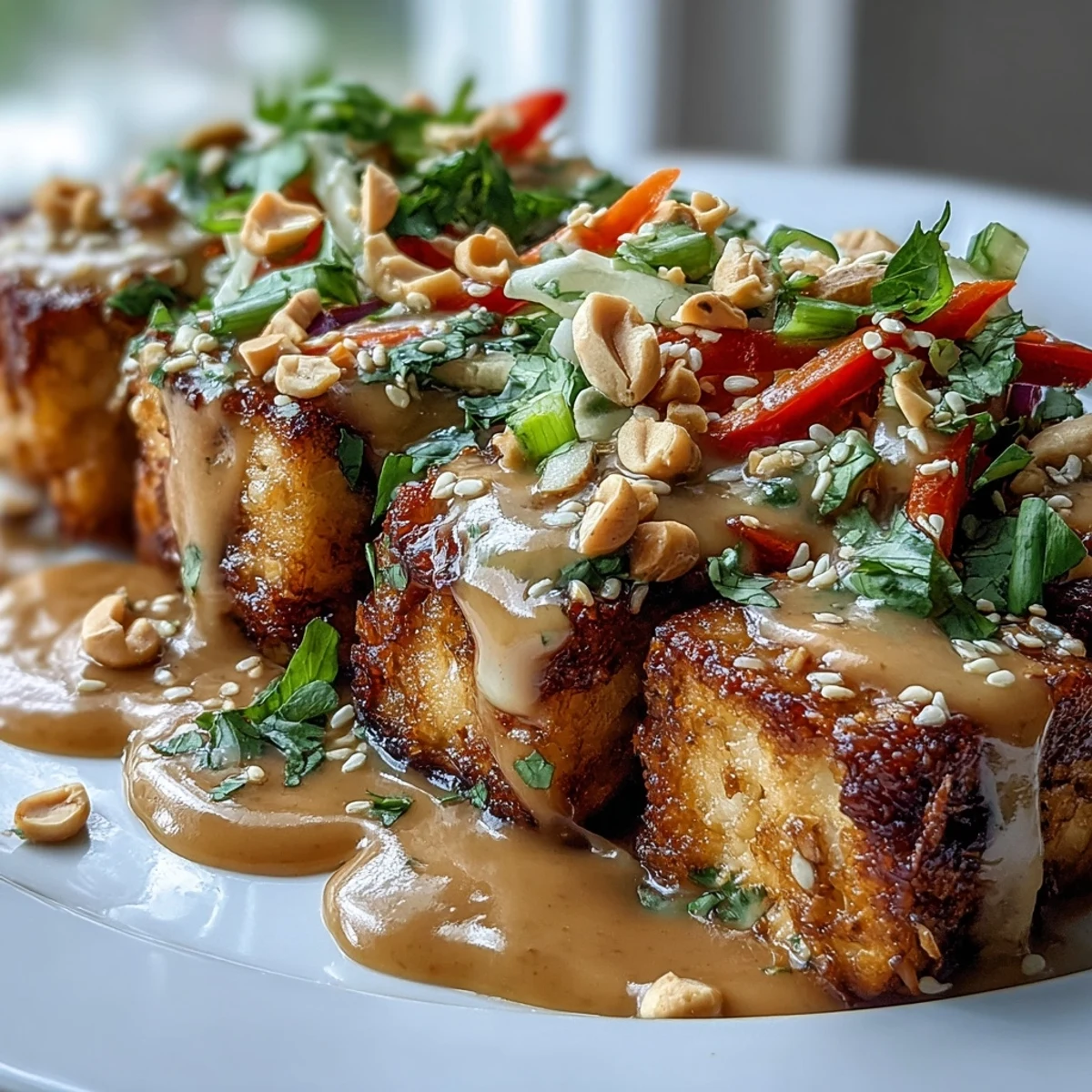 Crispy tofu cubes, colorful veggies, and creamy peanut sauce top a hearty bowl of Peanut Tofu Power Bowl for a vibrant, plant-based meal.