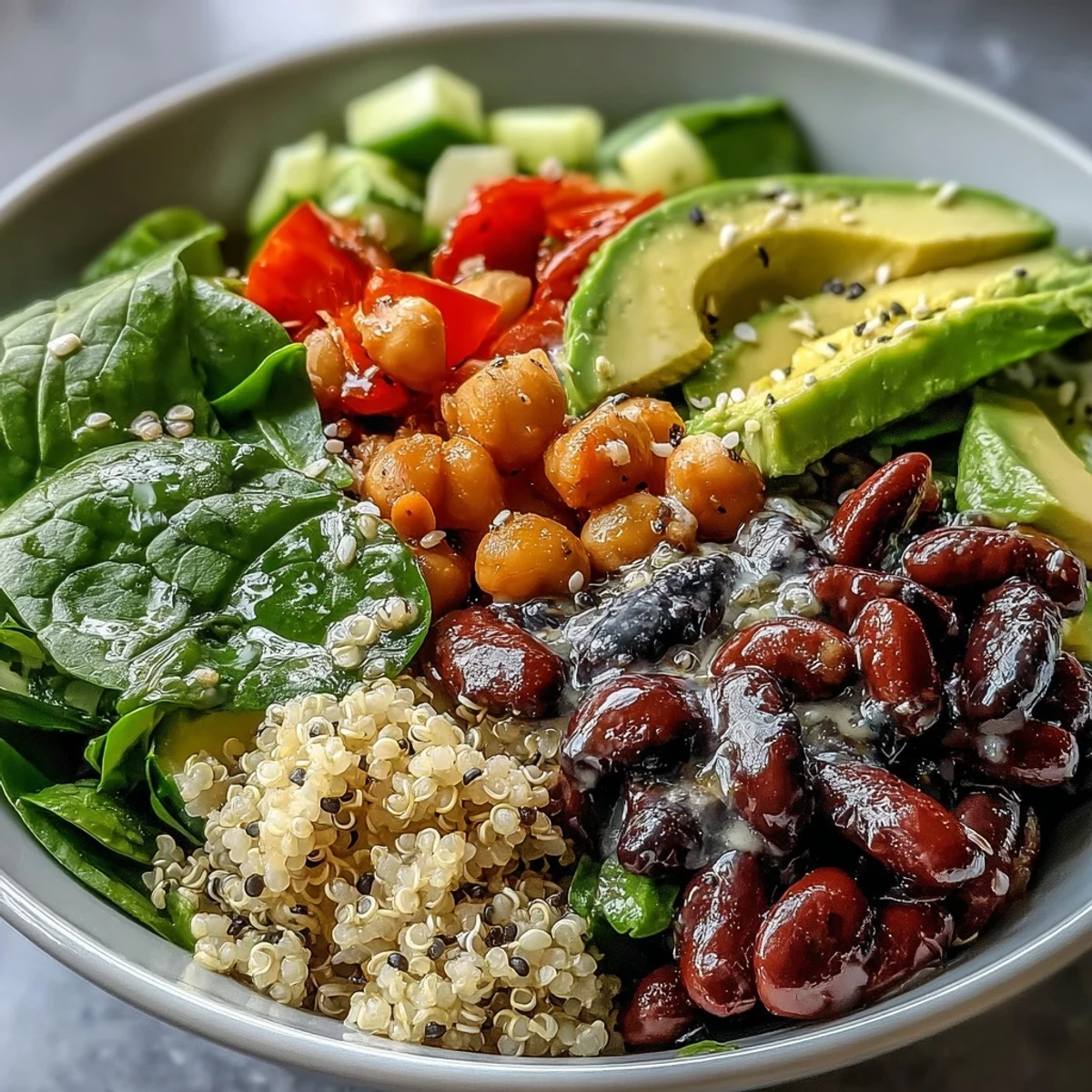 A vibrant Three-Bean Power Bowl topped with sliced avocado, fresh tomatoes, and cilantro on a rustic table.