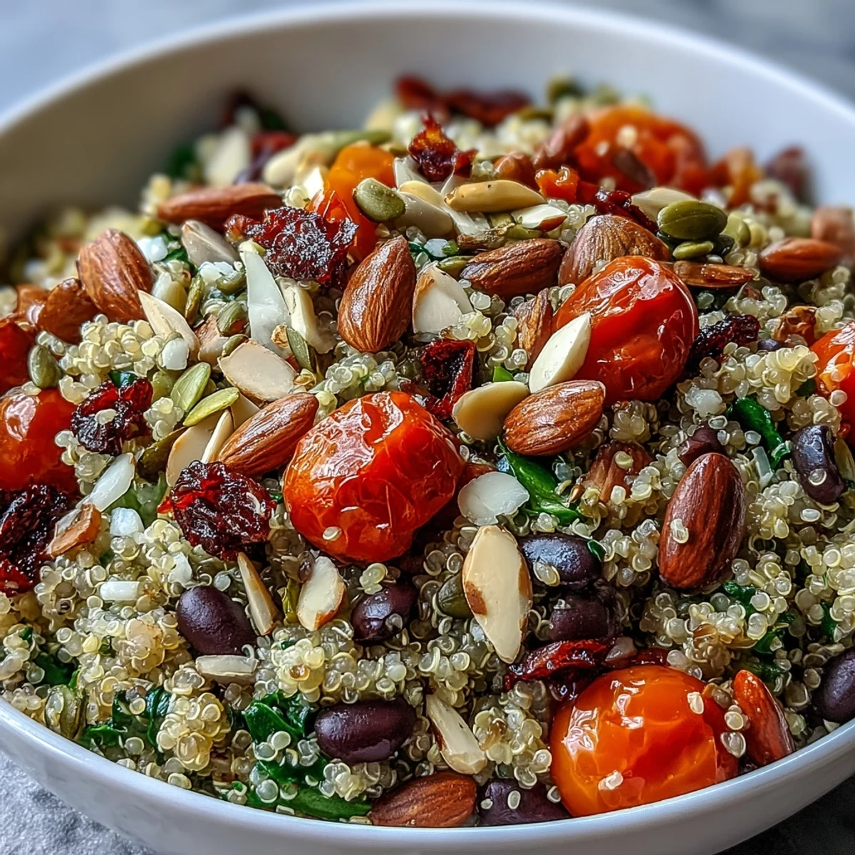 Healthy Veggie and Quinoa Power Bowl served in a ceramic bowl with walnuts and herbs.