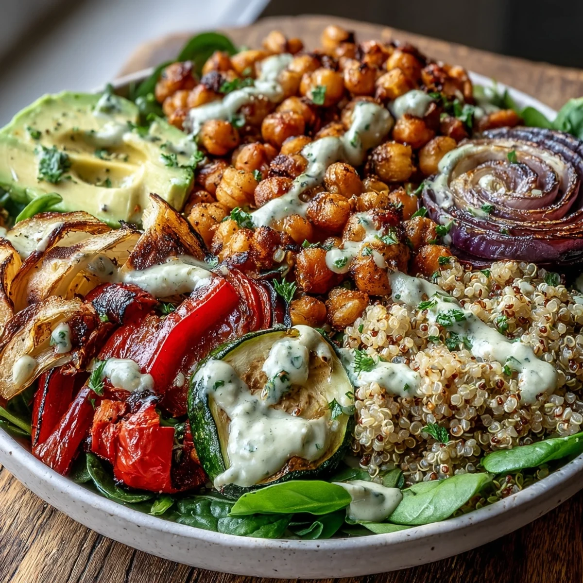 Crispy roasted chickpeas and vibrant roasted vegetables top fluffy quinoa in this Roasted Chickpea Power Bowl, drizzled with creamy tahini dressing.