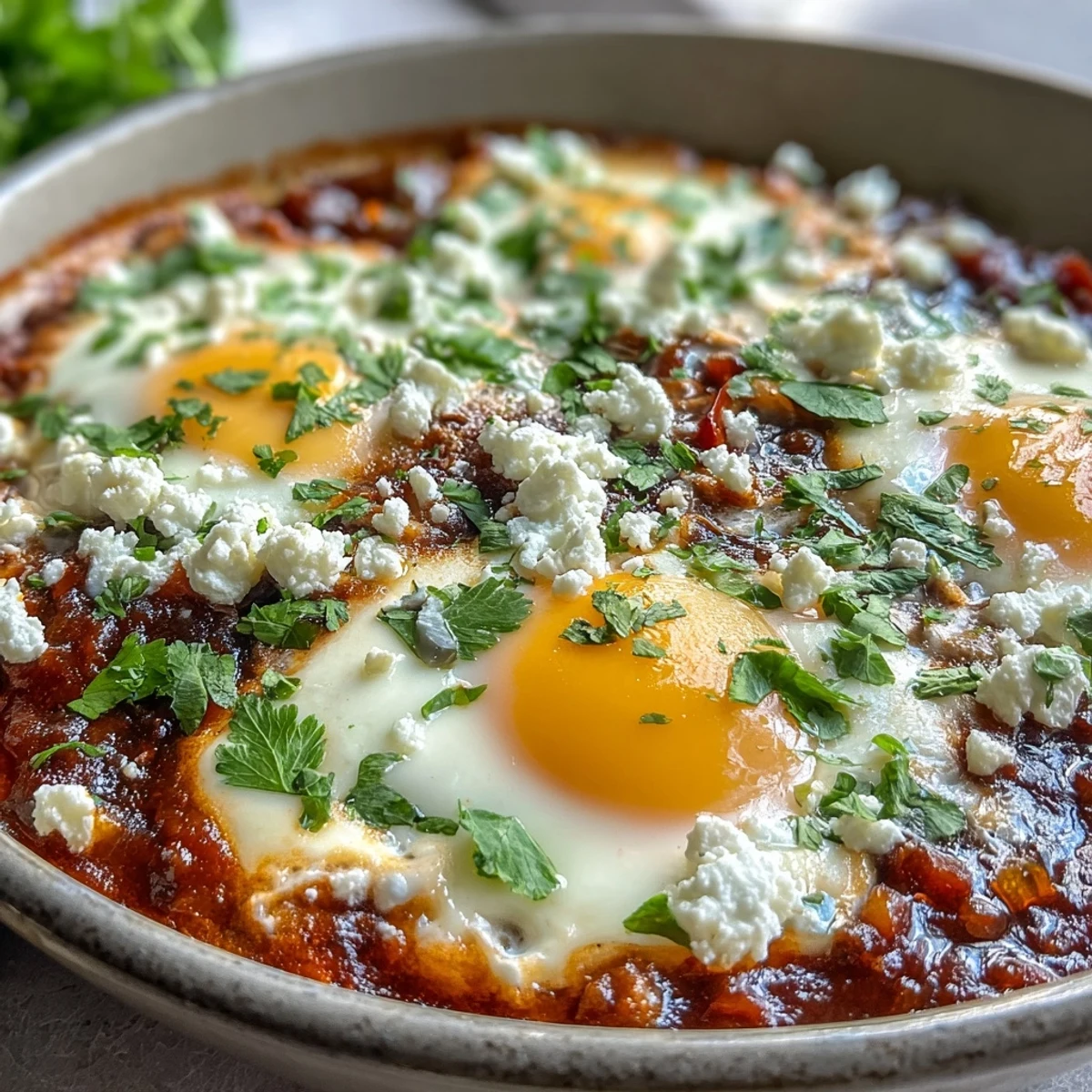 Freshly poached eggs sit in a bubbling Shakshuka Bowl, surrounded by diced red peppers and onions in a rich tomato sauce.