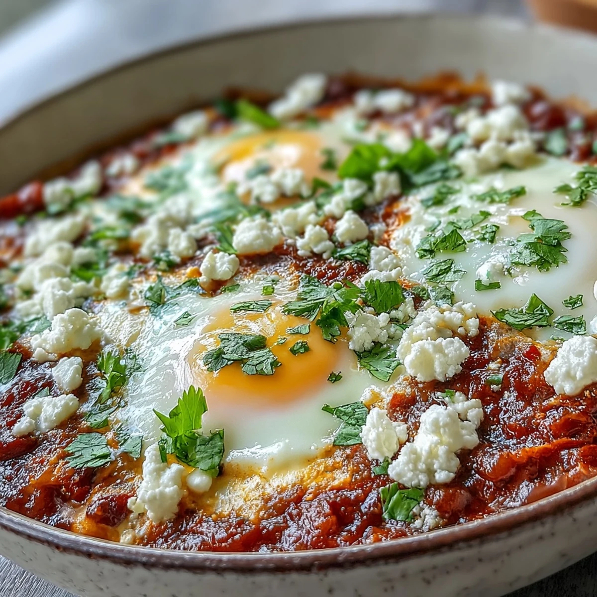 Close-up of a savory Shakshuka Bowl featuring runny egg yolks and a steaming, spiced tomato sauce with wilted spinach.