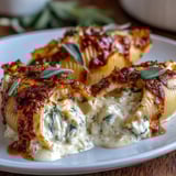 Freshly baked Pumpkin & Gouda Stuffed Shells served warm in a white dish with a rustic wooden spoon nearby.