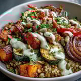 Lentil Power Bowl with fluffy quinoa, caramelized roasted vegetables, and creamy tahini drizzle for a wholesome weeknight meal.