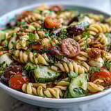 Easy pasta salad with Italian dressing, perfect for summer gatherings and outdoor meals.  