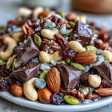 A vibrant mix of dried apricots, cranberries, pistachios, and dark chocolate, ideal for healthy on-the-go snacking.