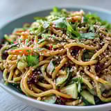 Creamy sesame sauce drizzled over chilled wheat noodles, topped with crisp cucumber slices and toasted sesame seeds.  