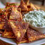 Golden-baked pita chips served alongside cool, herby tzatziki — a refreshing Mediterranean appetizer for any gathering.