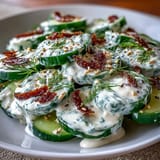 Refreshing cucumber salad with creamy dressing and crunchy everything bagel seasoning, ideal for a quick, healthy meal.  
