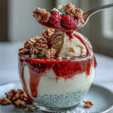 Zesty Lemon Chia Parfait layered artfully with berry compote and golden granola.