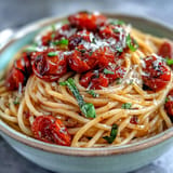 Tender cherry tomatoes confited in fragrant garlic oil, served atop perfectly cooked spaghetti.