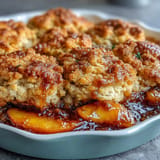 Juicy peaches nestled under flaky, buttery biscuits, ready from the oven.