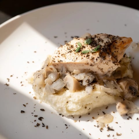 The creamy white The Ghostly Gala showcases poached chicken beside cauliflower purée and sautéed mushrooms.